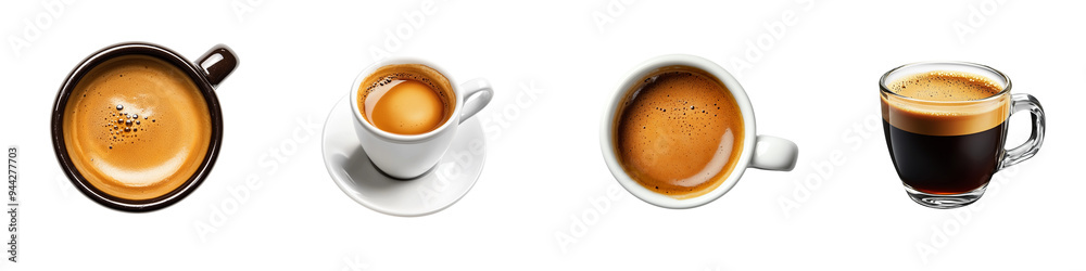 set of image of a freshly brewed espresso shot with rich crema, emphasizing the glossy surface, on a transparent backgrounds set of image of a freshly brewed espresso shot with rich crema, emphasizing the glossy surface, on a transparent backgrounds