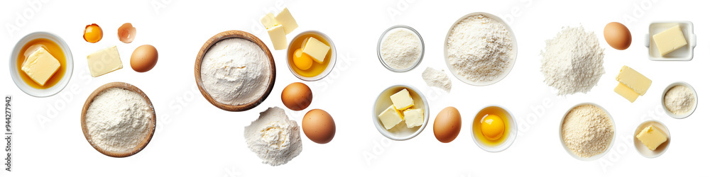 set of ingredients for baking, including flour, eggs, and butter, on a transparent backgrounds set of ingredients for baking, including flour, eggs, and butter, on a transparent backgrounds