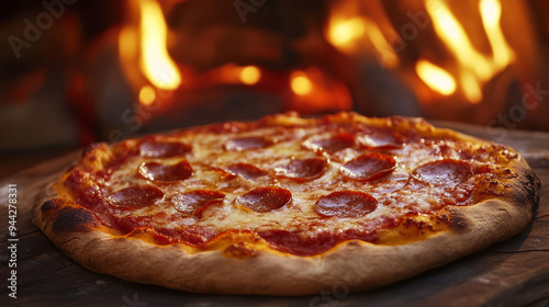 A falling Italian pepperoni pizza, captured mid-air against a white background, showcases slices of pepperoni, melting cheese, and a golden, crispy crust. The motion adds a dynamic energy to the scene