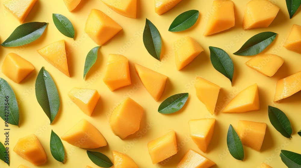 Diced mango with green leaves on vibrant yellow background. Perfect for summer recipes and healthy dishes. Diced mango with green leaves on vibrant yellow background. Perfect for summer recipes and healthy dishes.