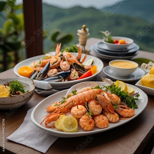 Spicy Korean Ramone with seafood, menu for various seafood dishes, closeup of lobsters and seafood on plate, delicious fresh attractive seafood dishes on the table photo