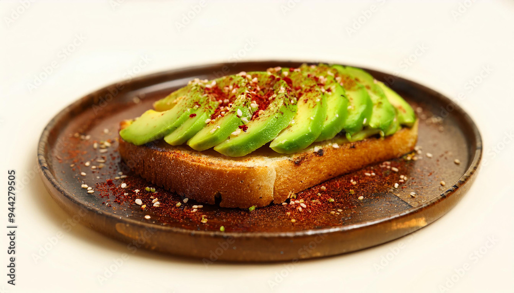Golden toasted bread with ripe avocado slices and sprinkle of chili flakes. Tasty food for lunch Golden toasted bread with ripe avocado slices and sprinkle of chili flakes. Tasty food for lunch