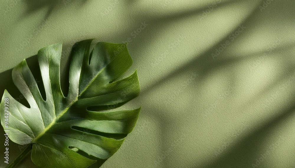 Fototapeta premium Green leaf of tropical plant on green textured background with space for text, top view.