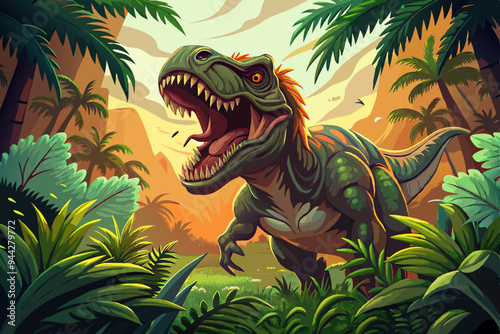 This image depicts a hyper-realistic Tyrannosaurus Rex roaring menacingly amidst a lush and dense prehistoric jungle environment with towering trees and ferns.

