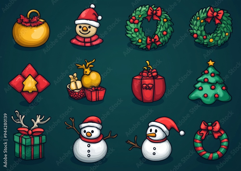 Festive Christmas Icons Set with Santa, Tree, Snowman, and Gifts Festive Christmas Icons Set with Santa, Tree, Snowman, and Gifts