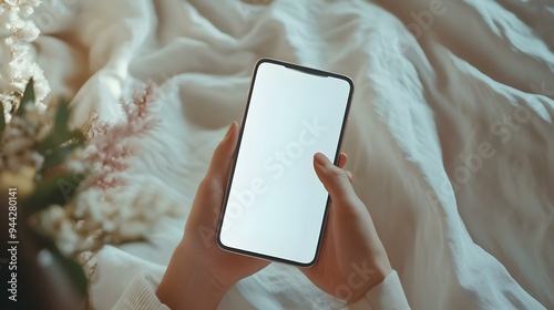 Close-up of a woman's hand holding a blank white-screen mobile phone in an interior background. A mockup with copy space for your text or logo design.