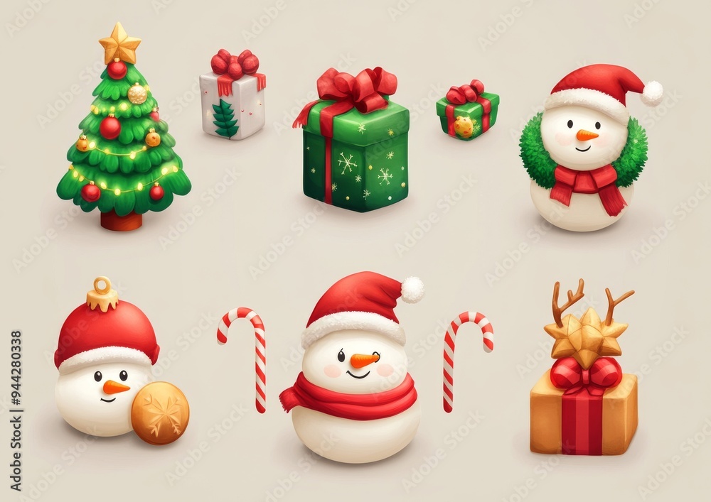 Festive Christmas Icons Set with Santa, Tree, Snowman, and Gifts Festive Christmas Icons Set with Santa, Tree, Snowman, and Gifts