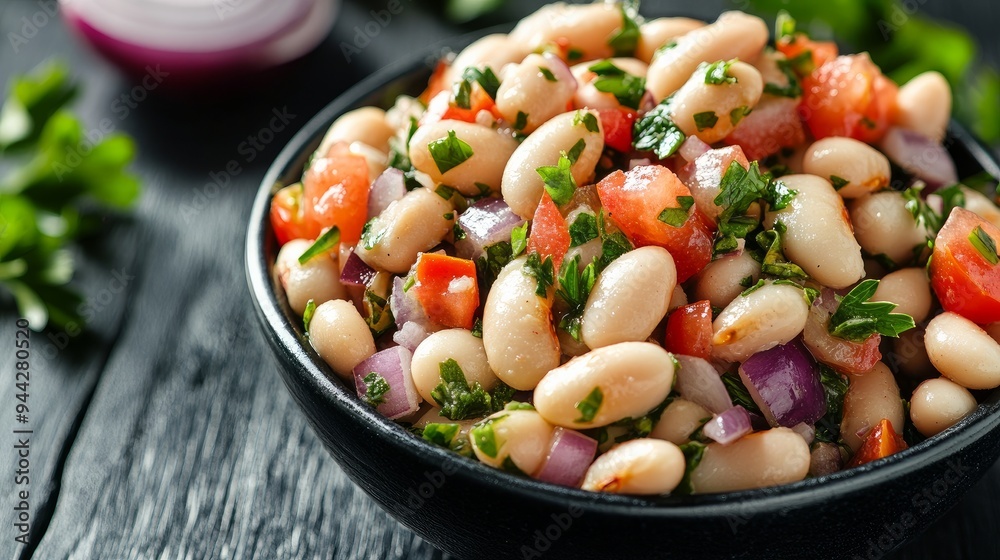 Close-up of Piyaz, Turkish white bean salad in a black bowl on a black wooden table. The salad contains tomatoes, red onions, and parsley, and it is flavored with sumac and olive oil dressing. Close-up of Piyaz, Turkish white bean salad in a black bowl on a black wooden table. The salad contains tomatoes, red onions, and parsley, and it is flavored with sumac and olive oil dressing.