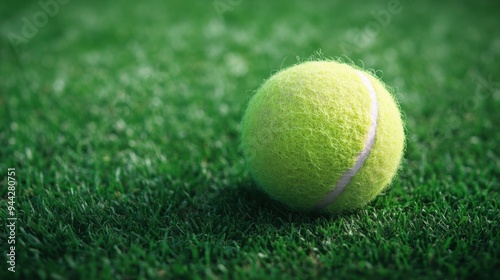 Close-up of tennis ball on green grass court