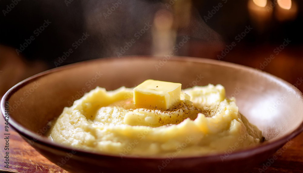 Steaming bowl of mashed potatoes with pat of butter melting. Tasty homemade dish. Delicious food