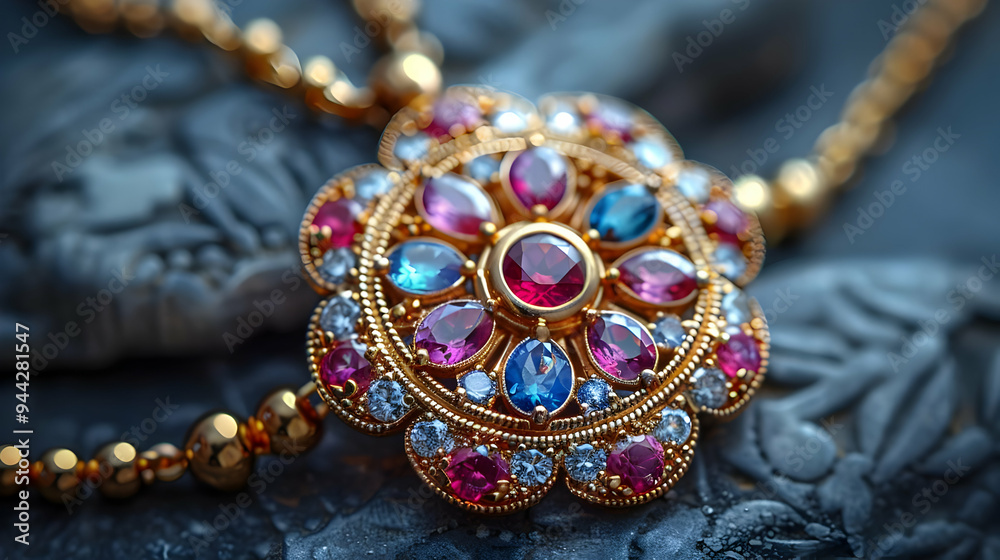 Closeup of a Gold and Gemstone Necklace Pendant - Illustration Closeup of a Gold and Gemstone Necklace Pendant - Illustration