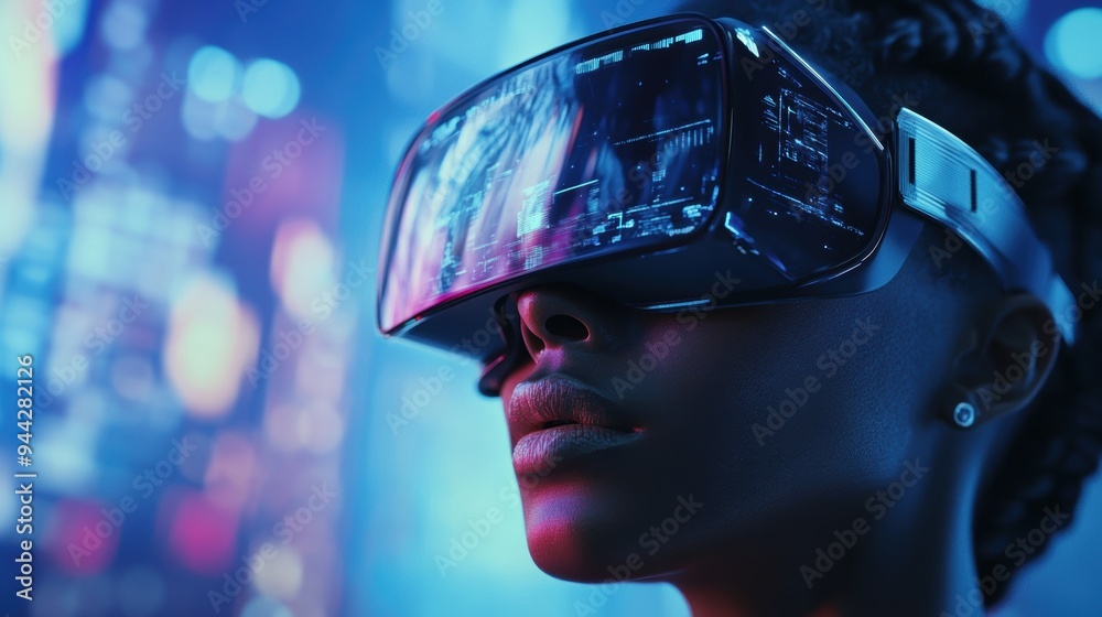Close-up of a person wearing a VR headset with futuristic reflections on the screen Close-up of a person wearing a VR headset with futuristic reflections on the screen