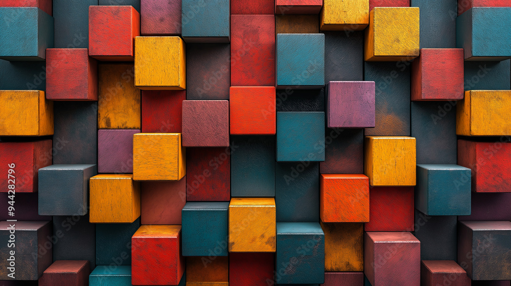 A colorful wall made of blocks with a yellow square in the middle A colorful wall made of blocks with a yellow square in the middle