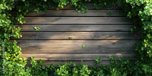 Wooden floor with green bushes. photo