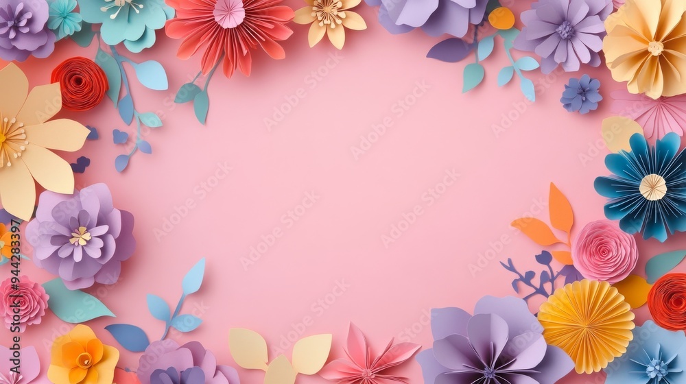 Papercut Flower Frame on Light Pink Background, Artistic Design Papercut Flower Frame on Light Pink Background, Artistic Design
