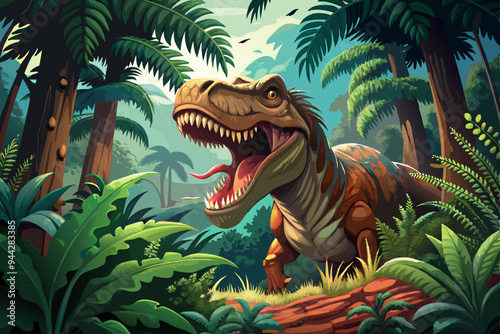 This image depicts a hyper-realistic Tyrannosaurus Rex roaring menacingly amidst a lush and dense prehistoric jungle environment with towering trees and ferns.
