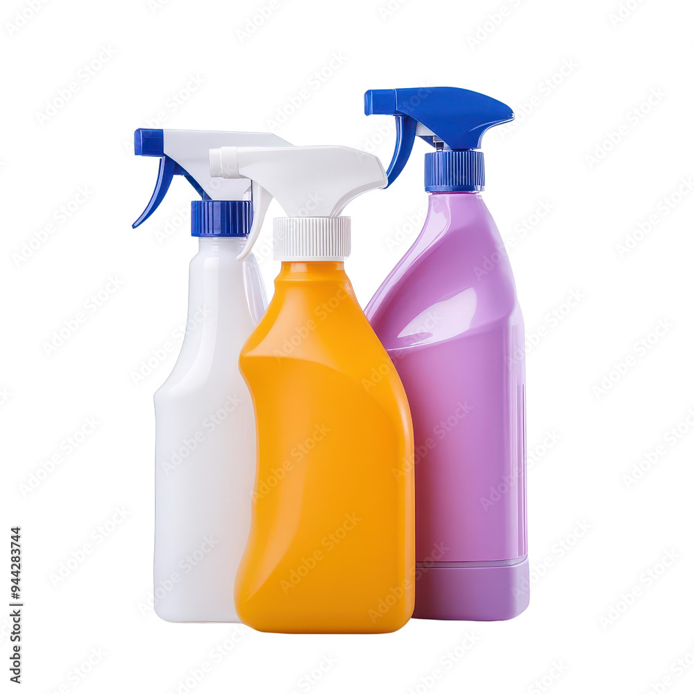 Three colorful spray bottles on a white background, ideal for cleaning and household use isolate on transparency background Three colorful spray bottles on a white background, ideal for cleaning and household use isolate on transparency background