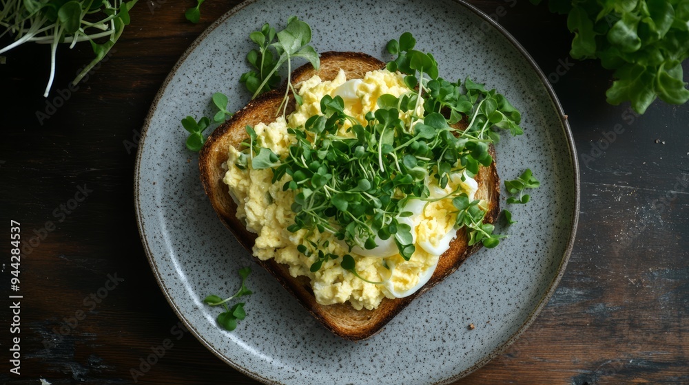 Top view of an open-faced egg sandwich topped with fresh microgreens on rustic toast. Healthy and nutritious meal with organic greens. Top view of an open-faced egg sandwich topped with fresh microgreens on rustic toast. Healthy and nutritious meal with organic greens.