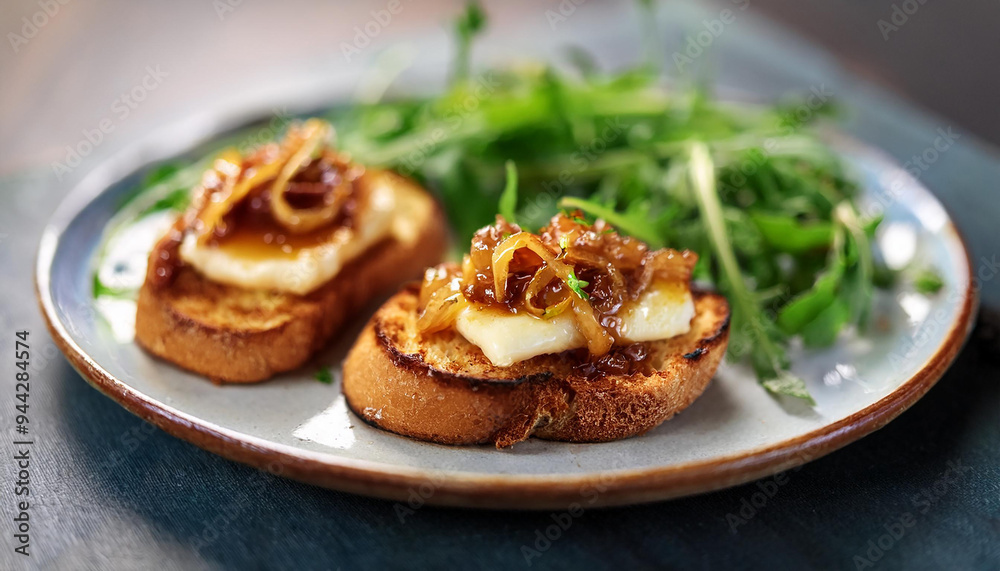 Toasted bread with creamy brie cheese, caramelized onions and arugula. Tasty food for lunch. Toasted bread with creamy brie cheese, caramelized onions and arugula. Tasty food for lunch.