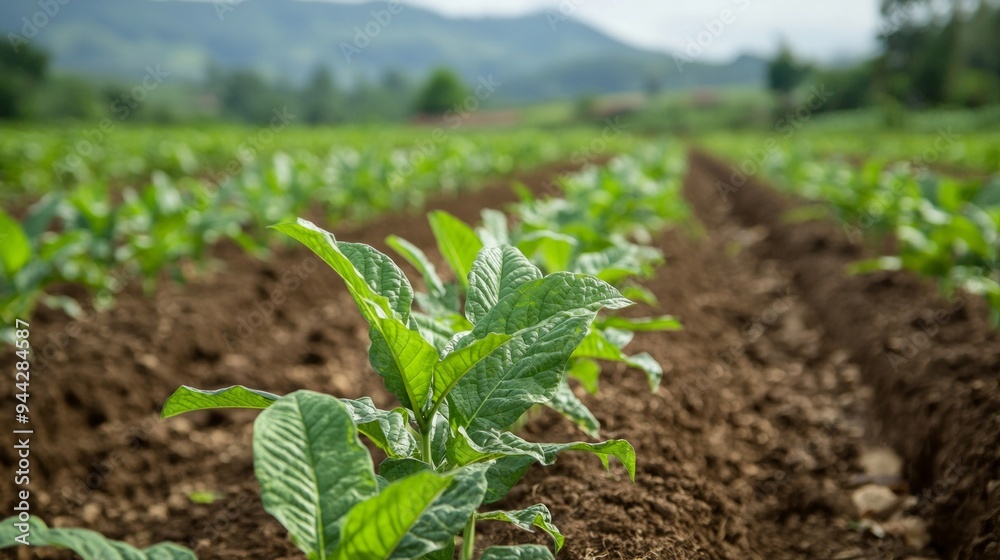View of young green tobacco plant in field at northern of Thailand View of young green tobacco plant in field at northern of Thailand
