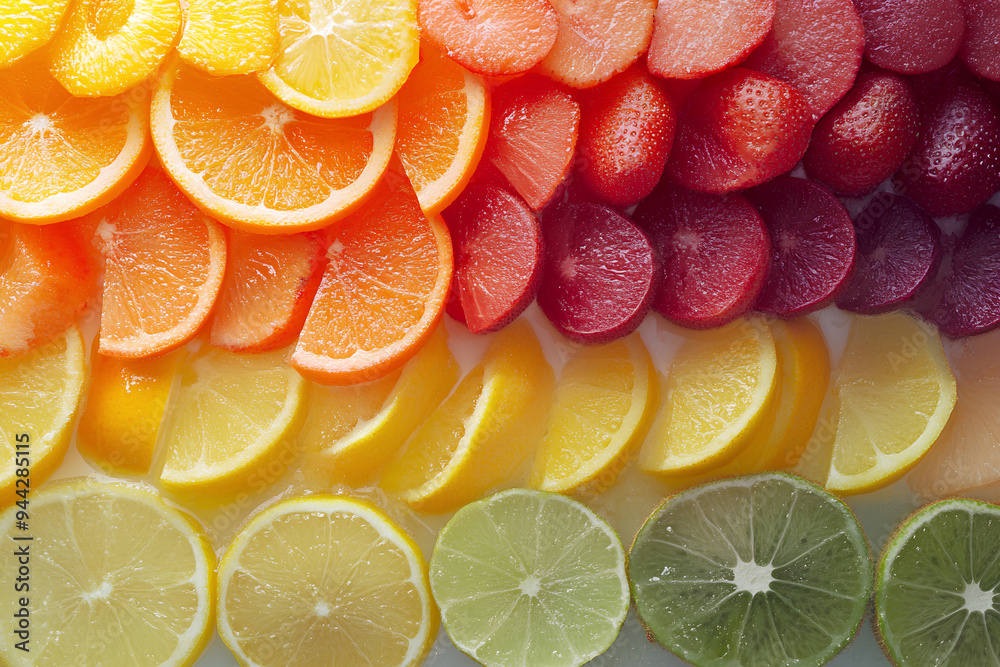 A rainbow of fruit slices, with orange, lime, and lemon slices arranged in a rainbow pattern. A rainbow of fruit slices, with orange, lime, and lemon slices arranged in a rainbow pattern.