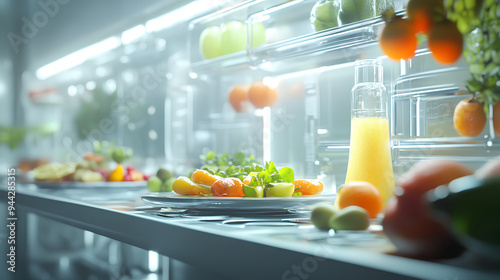  Close-up of futuristic plates with healthy food on the glass shelves, next to it is an orange juice bottle,