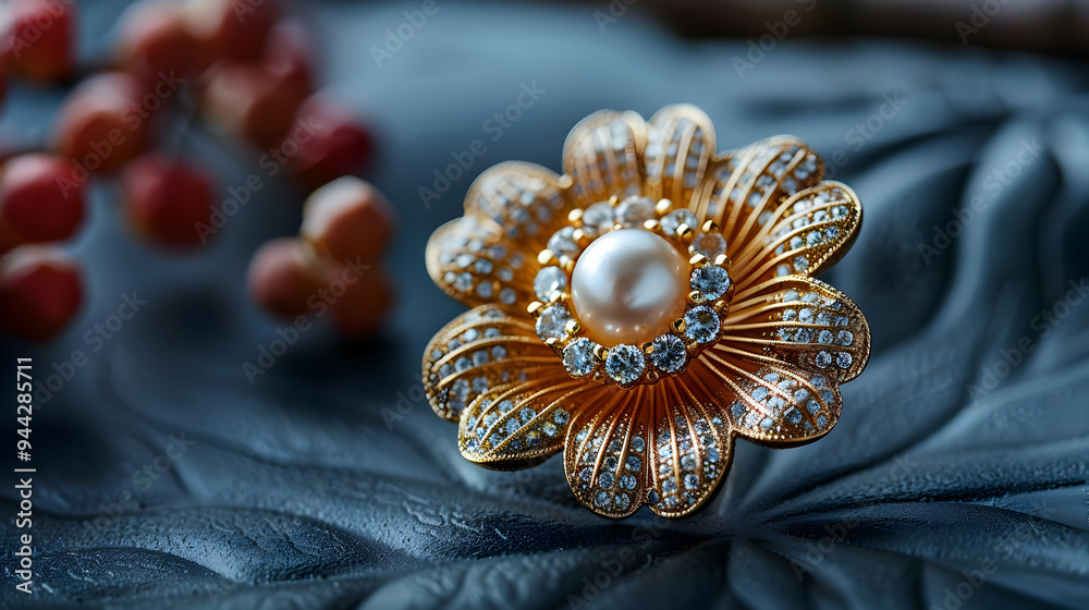Golden Flower Pearl Ring with Diamond Accents - Macro Photography Golden Flower Pearl Ring with Diamond Accents - Macro Photography