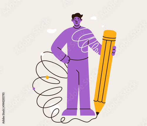 Young man standing in superman pose and holding huge yellow pencil