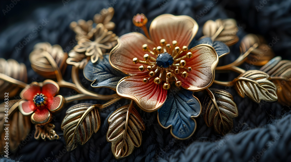 Golden Floral Brooch with Blue Gemstone Illustration Golden Floral Brooch with Blue Gemstone Illustration
