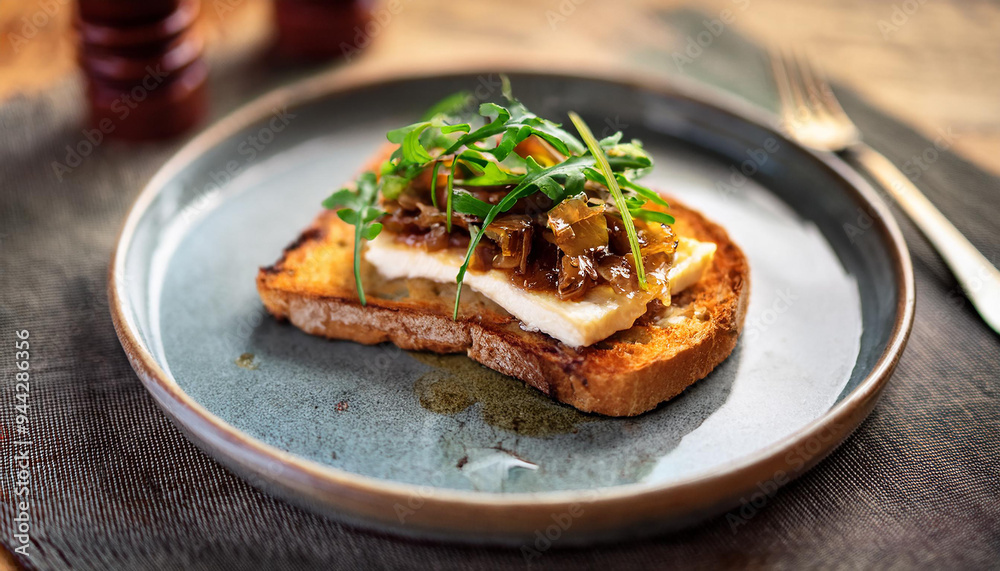 Toasted bread with creamy brie cheese, caramelized onions and arugula. Tasty food for lunch. Toasted bread with creamy brie cheese, caramelized onions and arugula. Tasty food for lunch.