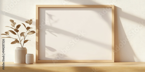 Minimalistic blank wooden frame with white copy space mockup on wall in sun shaded room interior