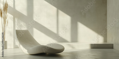 Minimalistic creative modern design armchair of unusual shape in the interior of the room in the shades of sunshine