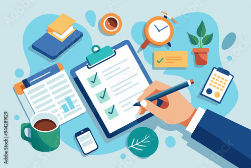 A hand holding a pen, writing on a clipboard, with a coffee cup, notebook, and other office items nearby. Emphasizes the theme of productivity and work focus
