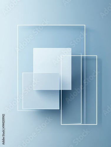 This image showcases a minimalist design featuring overlapping squares with subtle shadows against a light blue background. The composition suggests layers, depth, and a sense of modern simplicity.