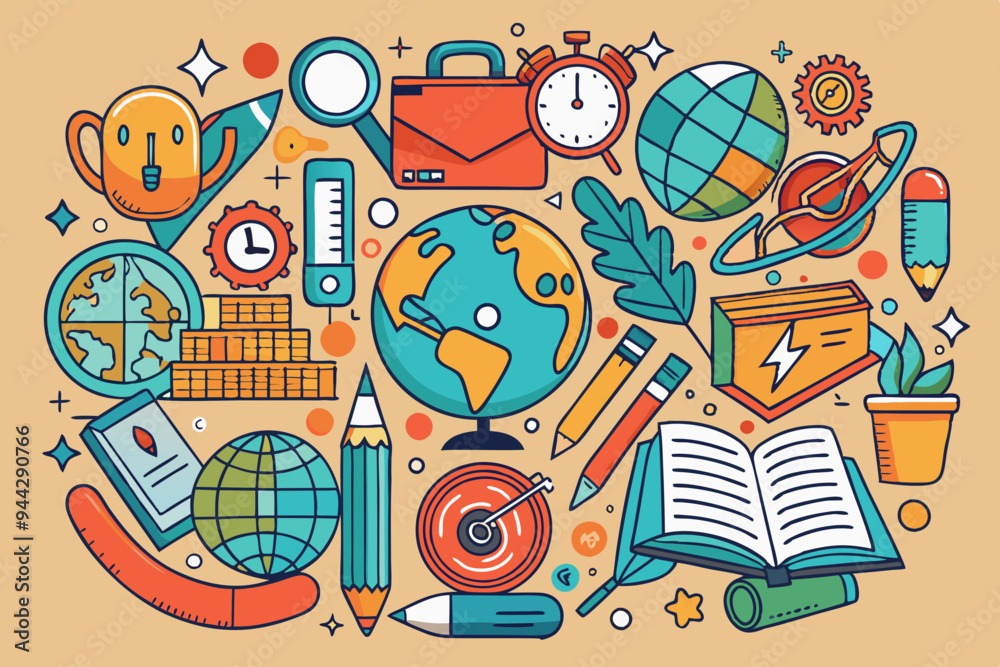 An intricate hand-drawn doodle featuring various objects related to school life, such as pencils, books, a globe, and a clock, representing the detailed and imaginative world of education
