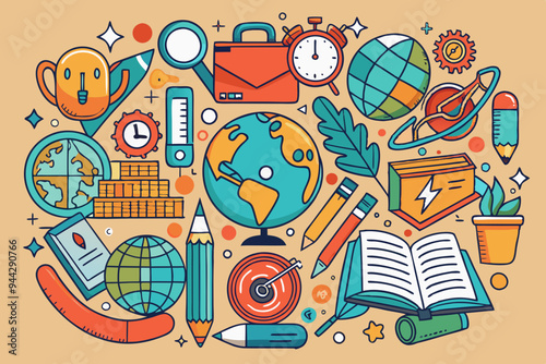 An intricate hand-drawn doodle featuring various objects related to school life, such as pencils, books, a globe, and a clock, representing the detailed and imaginative world of education 