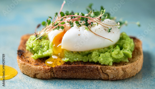 Toasted bread with smashed avocado, poached egg and microgreens. Healthy brunch. Tasty food photo