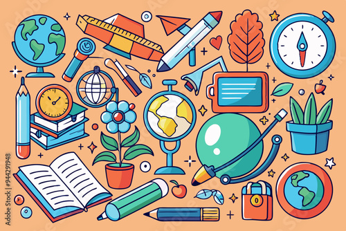 An intricate hand-drawn doodle featuring various objects related to school life, such as pencils, books, a globe, and a clock, representing the detailed and imaginative world of education
