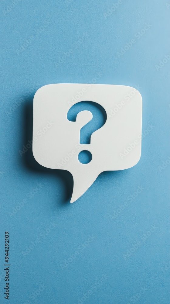White speech bubble with a question mark on a blue background symbolizing inquiry and communication.
