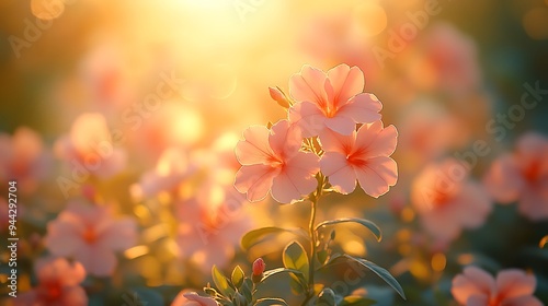Pink flowers in a field bathed in the warm glow of the setting sun.