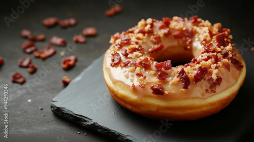 Delicious maple bacon donut on a slate surface with crispy bacon pieces scattered around photo