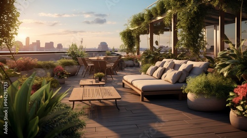 A photo of a rooftop terrace with seating and greenery