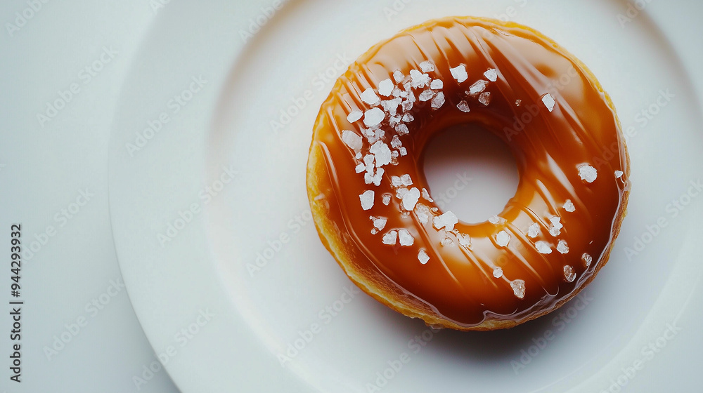 Delicious caramel glazed donut with sea salt on a white plate in natural light Delicious caramel glazed donut with sea salt on a white plate in natural light