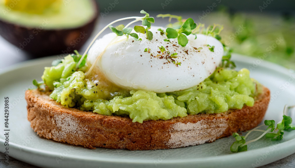 Toasted bread with smashed avocado, poached egg and microgreens. Healthy brunch. Tasty food Toasted bread with smashed avocado, poached egg and microgreens. Healthy brunch. Tasty food