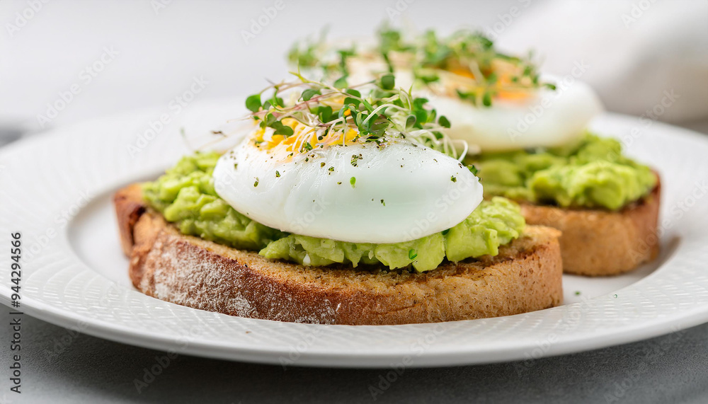 Toasted bread with smashed avocado, poached egg and microgreens. Healthy brunch. Tasty food Toasted bread with smashed avocado, poached egg and microgreens. Healthy brunch. Tasty food