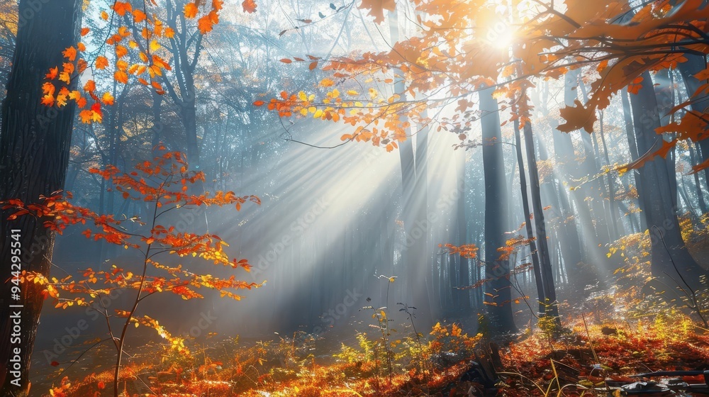 misty autumn forest with vibrant foliage sunbeams piercing through branches creating a magical atmosphere misty autumn forest with vibrant foliage sunbeams piercing through branches creating a magical atmosphere