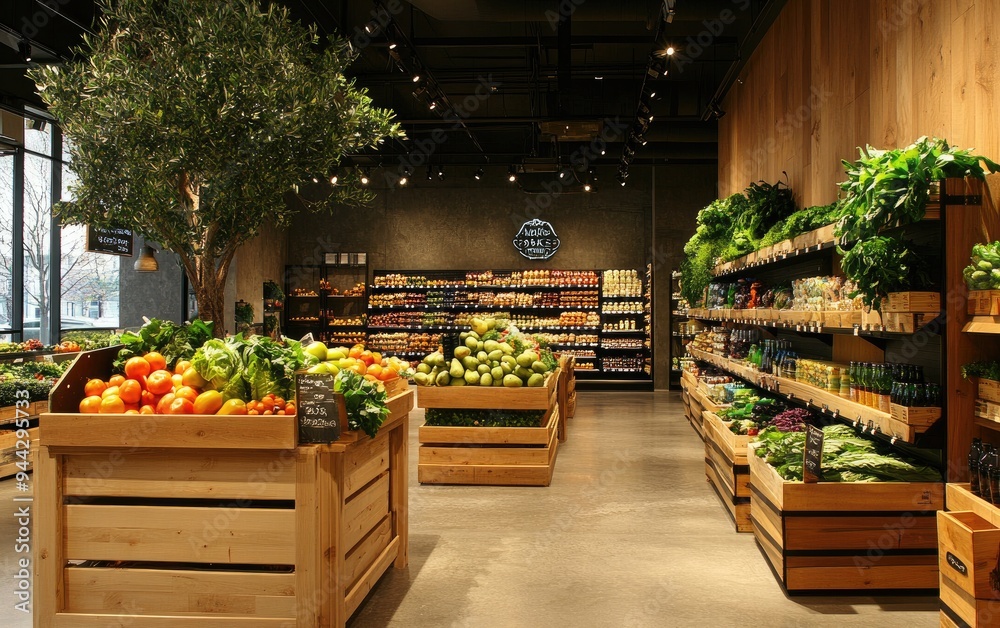 Clean and Stylish Grocery Store Interior with Fresh Produce Display Clean and Stylish Grocery Store Interior with Fresh Produce Display