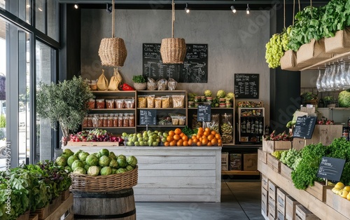 Modern Grocery Store Interior with Fresh Produce and Rustic Decor