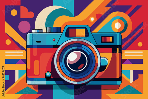 Intricate Vintage Camera Positioned Against a Bright and Colorful Abstract Backdrop, Enhancing Artistic and Dynamic Visual Aesthetics.