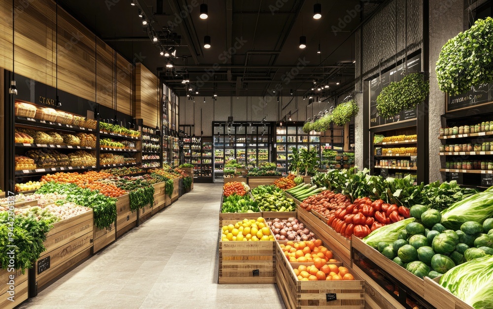 Clean and Stylish Grocery Store Interior Filled with Fresh Produce Clean and Stylish Grocery Store Interior Filled with Fresh Produce